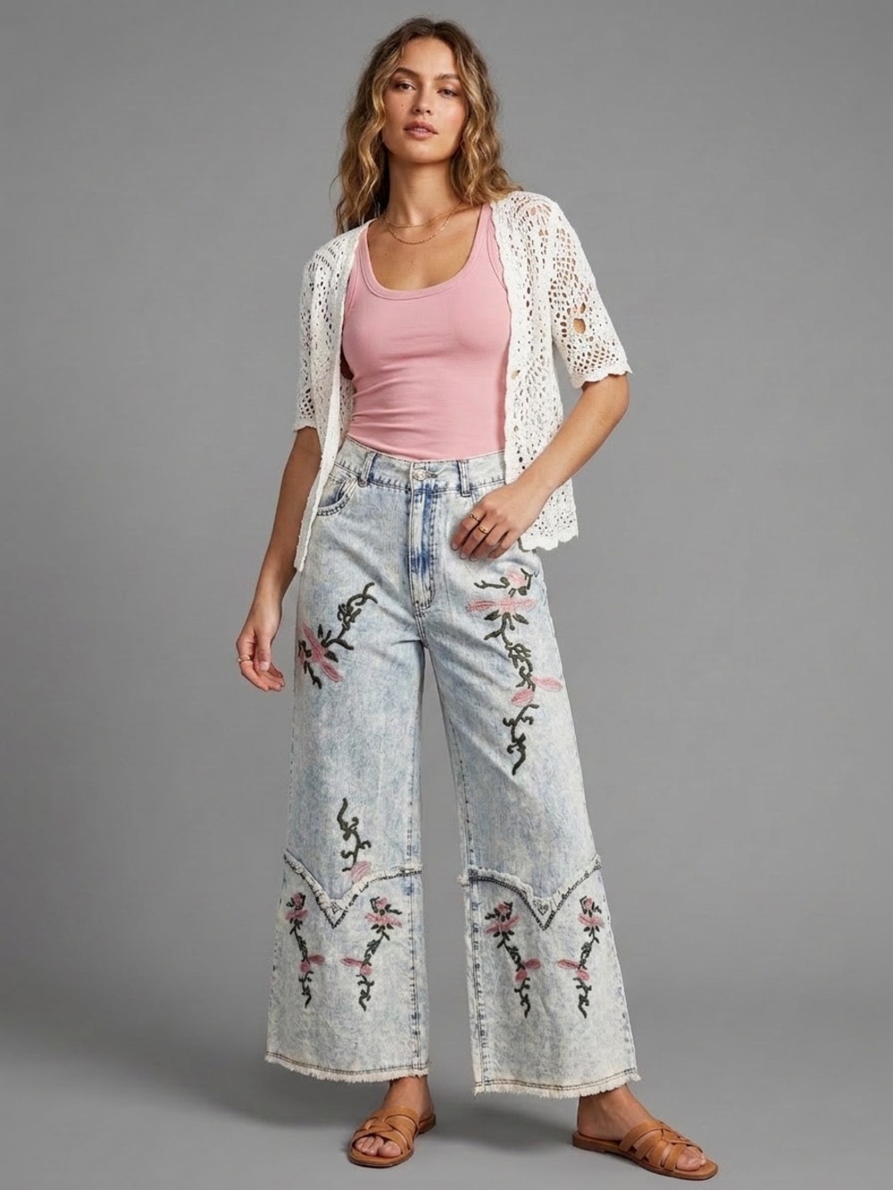 POL Light-Wash Wide-Leg Jeans with Pink Floral Embroidery